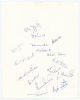 West Indies tour to England 1976. Large plain white page nicely signed in blue ink by fifteen members of the West Indies touring party. Signatures are Lloyd (Captain), Murray, Gomes, Holder, Kallicharran, Fredericks, Roberts, Holding, Julien, Findlay, Kin