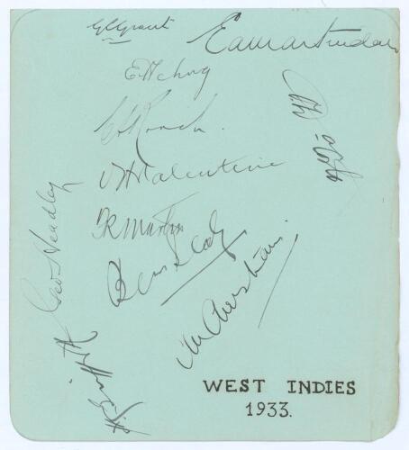 West Indies tour of England 1933. Album page signed by eleven members of the touring party. Signatures are Grant (Captain), Martindale, Achong, Roach, George Headley, Valentine, Martin, Sealey, Griffith, Da Costa and Martin. Handwritten title to lower lef