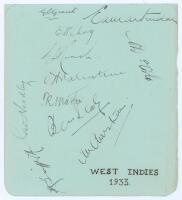 West Indies tour of England 1933. Album page signed by eleven members of the touring party. Signatures are Grant (Captain), Martindale, Achong, Roach, George Headley, Valentine, Martin, Sealey, Griffith, Da Costa and Martin. Handwritten title to lower lef