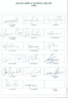 ‘South Africa Touring Squad 1994’. Headed card with pre printed boxes with players name beneath signed by seventeen members of the touring party. Signatures include Wessels, Kirsten, Rhodes, Cronje, Cullinan, Symcox, Donald etc. Sold with two Sussex offic