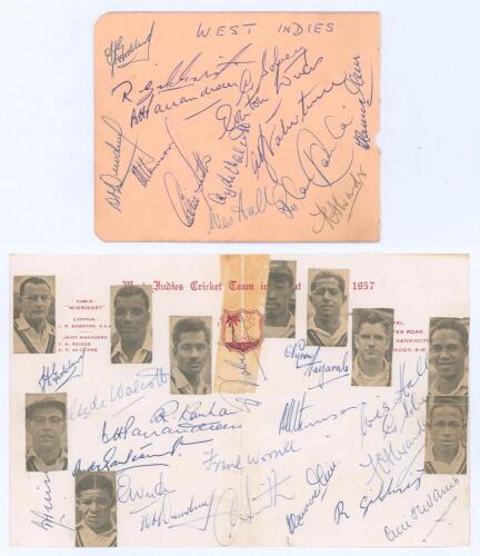 West Indies tour to England 1957. Album page nicely signed in ink by fourteen playing members of the touring party and an official headed page for the tour signed by seventeen members of the touring party. Signatures are Goddard (Captain), Gilchrist, Pair