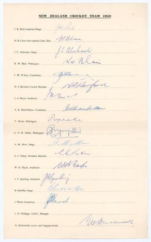 ‘New Zealand Cricket Team 1958’ tour to England. Official oversize untrimmed autograph sheet with printed title and players’ names. Very nicely signed in ink by seventeen members of the touring party. Signatures are Reid (Captain), Cave, Alabaster, Blair,