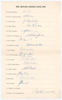 ‘New Zealand Cricket Team 1958’ tour to England. Official oversize untrimmed autograph sheet with printed title and players’ names. Very nicely signed in ink by seventeen members of the touring party. Signatures are Reid (Captain), Cave, Alabaster, Blair,