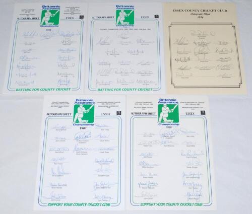 Essex C.C.C. 1987-2007. Ten official autograph sheets, each fully signed by all named players where applicable. Sheets are for seasons 1987 (16 signatures), 1989 (16), 1992 County Championship winners (15), 1994 (15), 1996 (15), 1997 NatWest Trophy winner