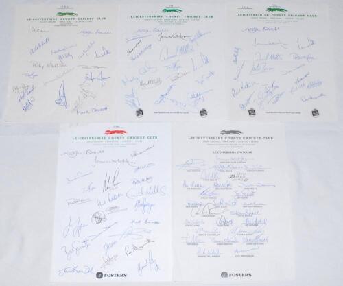 Leicestershire C.C.C. 1986-2007. Nine official autograph sheets for seasons 1986 (19 signatures), 1991 (17), 1992 (18), 1994 (24), 1996 County Championship winners (26), 1997 (24), 1998 County Championship winners (21), 1999 (25), and 2007 (23). Signature