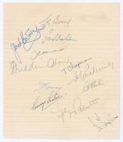 Leicestershire C.C.C. 1947-2007. Ruled page signed in ink and pencil by twelve members of the 1947 Leicestershire team. Berry (Captain), Walsh, Watson, Howard, Chapman, Pickering, Sperry, Hales, Lester, Tompkin etc. Sold with three unofficial autograph sh