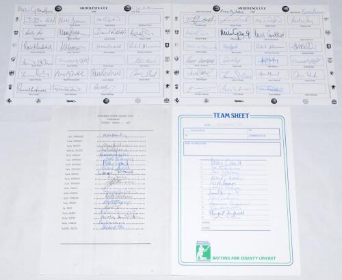 Middlesex C.C.C. 1981-2005. Seven official autograph sheets. Seasons are 1981 (18 signatures), 1989 (12), 1996 (23), 1997 (24), 2001 (24), 2002 (22), and 2005 (18). Signatures include Brearley, Radley, Selvey, Barlow, Emburey, Gatting, Butcher, Daniel, Do