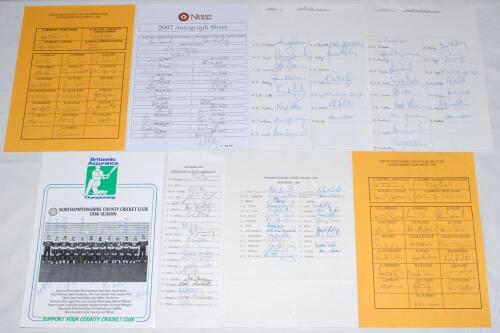 Northamptonshire C.C.C. 1976-2007. Six official autograph sheets for seasons 1976 (19 signatures), 1986 (22), 1990 (24), 1996 (23), 1997 (23), and 2007 (24). Also two unofficial sheets for seasons 1992 (14) and 1993 (16). Signatures include Mushtaq Mohamm