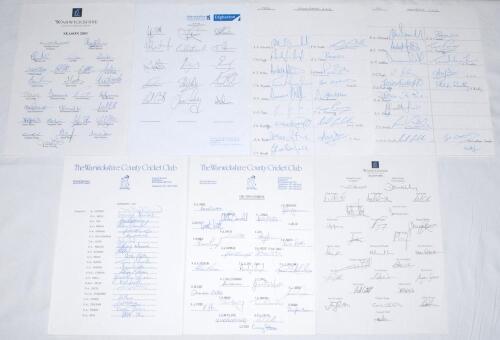 Warwickshire C.C.C. 1987-2008. Five official autograph sheets for seasons 1987 (20 signatures), 1990 (25), 2001 (26), 2003 (27), and 2008 (15). Also two unofficial sheets for seasons 1992 (17), and 1993 (16). Signatures include Gifford, Amiss, Asif Din, D