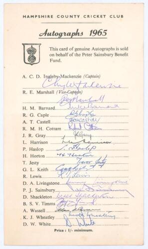 ‘Hampshire C.C.C. Autographs 1965’. Printed autograph card produced for the Peter Sainsbury Benefit Fund. The card signed in ink by twenty of the Hampshire playing staff including Ingleby-MacKenzie (Cpt), Marshall, Cottam, Horton, Jesty, Livingstone, Dain