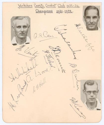 ‘Yorkshire County Cricket Club 1932-1934’. Album page signed in ink by twelve members of the team Signatures are Sellers, Sutcliffe, Macaulay, Wood, Dennis, Barber, Bowes, Verity, Fisher, Mitchell, Leyland and C.H. Hall (rarer signature). The page with th