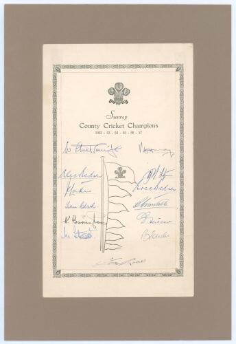 ‘Surrey County Cricket Champions 1952-1957’. Official autograph sheet with printed title, county emblem and decorative borders. Signed by thirteen members of the Surrey team of 1957. Signatures are Surridge, A. Bedser, Laker, Clark, Barrington, Stewart, M