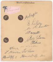 Nottinghamshire C.C.C. c.1930. Large album page nicely signed in ink by twelve members of the Nottinghamshire team, and the signature of Larwood in pencil on piece laid down. Thirteen signatures in total. Ink signatures are A. Staples, Lilley, Keeton, Bar