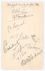 Somerset C.C.C. 1939. Album page very nicely signed in pencil (one in ink) by ten members of the Somerset team. Signatures are Ingle (Captain), Barnwell, Bennett, Luckes, Gimblett, Wellard, Buse, Hazell, Lee (signed in ink) and Andrews. Very good conditio