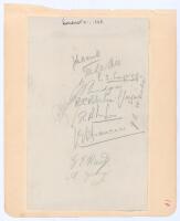 Somerset C.C.C. 1925. Album page laid down to larger page, signed in pencil by eleven members of the 1925 Somerset team. Signatures are Daniell (Captain), M.L. Hill, Longrigg, Bridges, Robertson-Glasgow, Ingle, Hunt, Young, Johnson, White, and the rarer T