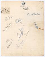 Sussex C.C.C. early 1900s. Ruled page comprising twelve signatures in ink of Sussex players. Ten signed to the page include R.W. Fox (signed twice), S.C. Griffith, N.J. Holloway, H.T. Bartlett, George Cox, V.J. Eaton, A.P.F.C. Somerset, G. Leach, and one 