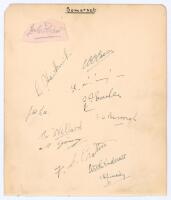 Somerset C.C.C. 1931. Large album page nicely signed to the page in ink by eleven members of the 1931 Somerset side. Signatures are Laurie Hawkins, Box Case, Reggie Ingle, Jack Lee, Guy Earle, Dickie Burrough, Arthur Wellard, Tom Young, Bill Andrews, Keit