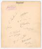 Somerset C.C.C. 1931. Large album page nicely signed to the page in ink by eleven members of the 1931 Somerset side. Signatures are Laurie Hawkins, Box Case, Reggie Ingle, Jack Lee, Guy Earle, Dickie Burrough, Arthur Wellard, Tom Young, Bill Andrews, Keit