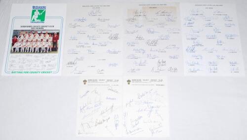 Derbyshire C.C.C. 1980s-2003. Eleven official autograph sheets including two pages on county letterhead, both c.1982 (15 signatures on each). Also official sheets for seasons 1993 (printed signatures), 1995 (21), 1996 (25), 1997 (26), 1998 (22), 2000 (two