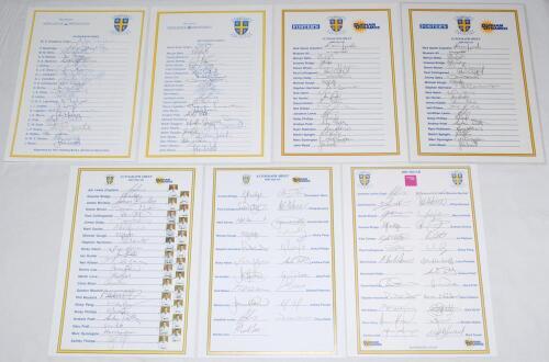 Durham and Yorkshire C.C.C. 1993-2004. Twelve official autograph sheets including seven Durham sheets for seasons 1996 (23 signatures), 1997 (24), 2000 (two sheets, one laminated, each fully signed by 20), 2002 (23), 2003 (21) and 2004 (25). Also five Yor