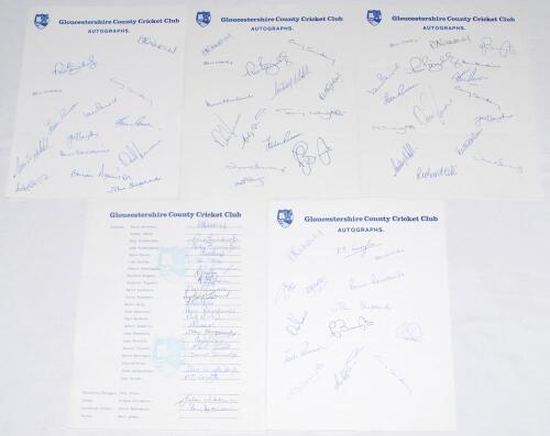 Gloucestershire C.C.C. 1982-2003. Fifteen official autograph sheets for seasons 1982 (22), c.1984 (14), 1985 (14), 1986 (14), c.1987 (16), 1988 (17), 1989 (16), c.1991 (14), 1993 (20), 1995 (12), 1996 (15), 2000 (21), 2002 (two, one laminated, both fully 