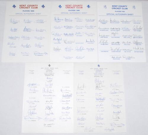 Kent C.C.C. 1984-2004. Ten official autograph sheets for seasons 1984 (21 signatures), 1985 (23), 1986 (15), 1989 (21), 1993 (21), 1995 (22), 1996 (26), 1997 (25), 2003 (19) and 2004 (21). Signatures include Tavare, Alderman, Benson, C. Cowdrey, G. Cowdre