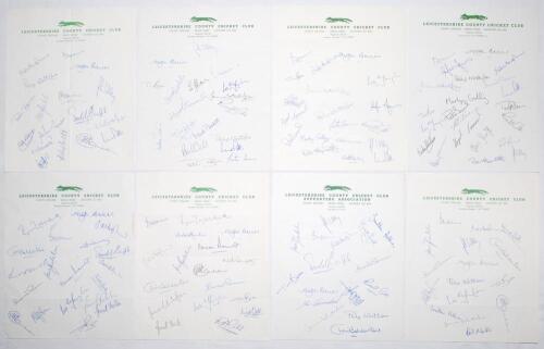 Leicestershire C.C.C. Early 1980s-2004. Sixteen official autograph sheets for seasons c.1982 (19 signatures), c.1983 (17), c.1984 (16), c.1985 (16), 1986 (17), 1987 (18), 1988 (19), 1989 (22), 1993 (16), 1994 (23), 1995 (21), 1996 (26), 1997 (23), 2002 (2