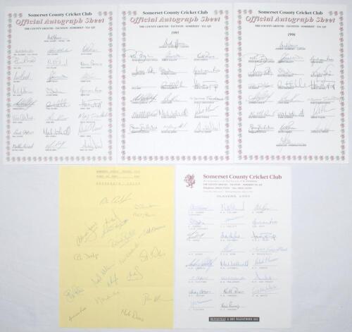 Somerset C.C.C. 1987-2003. Ten autograph sheets, all official except where stated, for seasons 1987 (unofficial sheet, 19 signatures), 1993 (22), 1994 (25), 1995 (18), 1996 (20), 1997 (25), 1998 (25), 2000 (24), 2002 (21) and 2003 (21). Signatures include