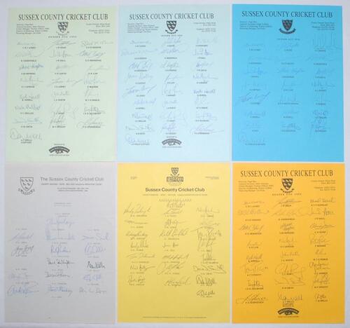 Sussex C.C.C. 1984-2003. Twelve official autograph sheets for seasons 1984 (15 signatures), 1989 (23), 1993 (24), 1994 (22), 1995 (25), 1996 (22), 1997 (23), 1998 (24), 2000 (23), 2001 (laminated, 21), 2002 (21) and 2003 (18). Signatures include Barclay, 