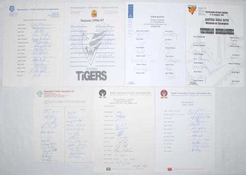 Australia and New Zealand autograph sheets 1980s-1990s. A mixed selection of twenty three mainly official autograph sheets. Includes Australian Sheffield Shield and tour matches, Queensland v Tasmania 1986/87 (24 signatures), South Australia 1989/90 (13),