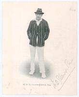 Henry Dudley Gresham Leveson-Gower. Oxford University, Surrey & England 1893-1920, Signed bookplate image of Leveson-Gower dressed in cricket blazer. Signed in ink to image. 4.75”x6”. G