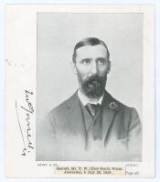 Thomas William ‘Tom’ Garrett. New South Wales & Australia 1876-1898. Rare and excellent early signature in black ink of Garrett signed to left margin of a trimmed bookplate printed image of Garrett depicted head and shoulders in formal attire. The photogr