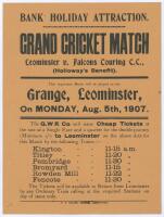 ‘Grand Cricket Match. Leominster v Falcons Touring C.C. Holloway’s Benefit’ 1907. Original Great Western Railway handbill advertising train travel to Leominster for the match played at The Grange, Leominster on Monday 5th August 1907. The handbill printed