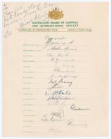 Australian tour of England 1953. ‘Australian XI Coronation Tour’. Official autograph sheet nicely signed in ink by all seventeen members of the touring party. Signatures are Hassett (Captain), Morris, Archer, Benaud, Craig, Davidson, de Courcy, Harvey, Hi