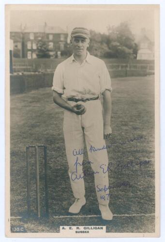 Arthur Edward Robert Gilligan. Cambridge University, Surrey, Sussex & England 1919-1932. Phillips ‘Pinnace’ premium issue cabinet size sepia real photograph trade card of Gilligan standing full length at the wicket in cricket attire and hooped cap, holdin