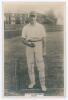 Arthur Edward Robert Gilligan. Cambridge University, Surrey, Sussex & England 1919-1932. Phillips ‘Pinnace’ premium issue cabinet size sepia real photograph trade card of Gilligan standing full length at the wicket in cricket attire and hooped cap, holdin