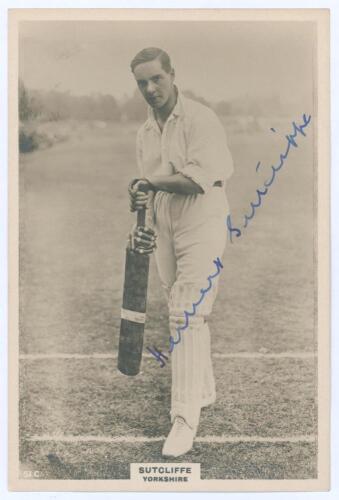 Herbert Sutcliffe. Yorkshire & England 1919-1945. Phillips ‘Pinnace’ premium issue cabinet size mono real photograph trade card of a youthful Sutcliffe, full length, in batting pose. Very nicely signed in blue ink to the photograph by Sutcliffe. No. 51.C.