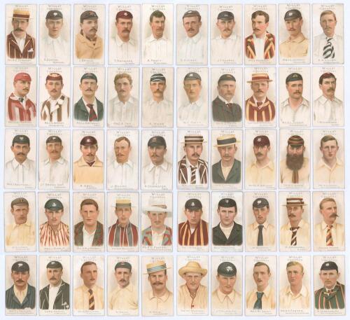 Wills’s Cigarettes ‘Cricketers Series’ 1901. W.D. & H.O. Wills, Bristol & London. Full set of fifty numbered cigarette cards featuring colour player head and shoulder portraits with printed name and county to lower portion to front, decorative floral grey