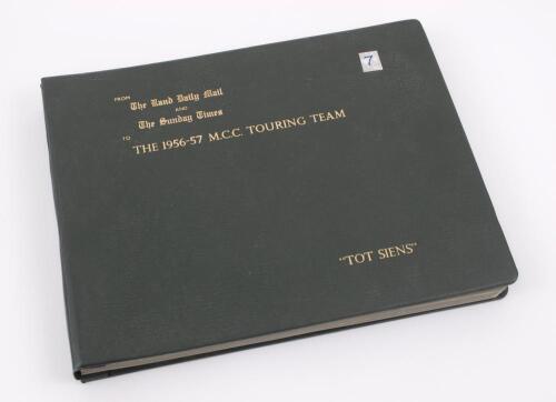 M.C.C. tour of South Africa 1956-57. Original green commemorative photograph album issued by ‘The Rand Daily Mail and The Sunday Times’ and presented to Jim Laker following the tour. The album contains fifty original press photographs of play and scenes 