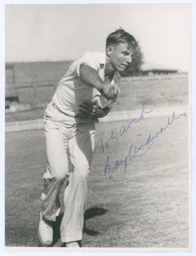 Raymond Russell Lindwall, New South Wales, Queensland & Australia 1945-1960. Original mono photograph of Lindwall in bowling pose, Nicely signed by Lindwall to image and dedicated to David Frith. 6”x8”. Good condition. Sold with a official team photograph