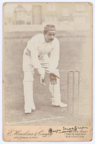 Gregor MacGregor. Cambridge University, Middlesex & England 1888-1907. Original sepia cabinet card photograph of MacGregor standing full length in wicket-keeping pose at the wicket, wearing hooped cap. Signed in black ink to the lower mount margin by MacG