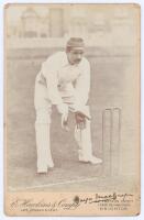 Gregor MacGregor. Cambridge University, Middlesex & England 1888-1907. Original sepia cabinet card photograph of MacGregor standing full length in wicket-keeping pose at the wicket, wearing hooped cap. Signed in black ink to the lower mount margin by MacG