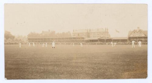 England v Australia 1899. Small original sepia photograph of the first Test match played at Trent Bridge in June 1899. The match is in progress with a full house in attendance. The match was drawn. The photograph measures approximately 3.5”x2”. Sold with 