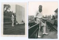 William Gilbert Grace. Gloucestershire & England. 1865-1908. Two small early photographs of Grace at Trent Bridge, Nottingham in 1898. Both feature Grace in full cricket attire, wearing hooped cap, padded up with bat in hand, one next to the sight screen 