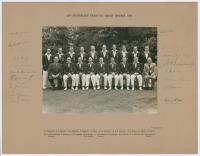 ‘20th Australian Team to Great Britain 1948’. Original official mono photograph of the Australian team, standing and seated in rows, wearing tour blazers. The photograph laid down to official photographers mount. Printed title to top border and players’ n