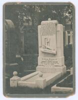 Richard Gorton ‘Dick’ Barlow, Lancashire & England, 1871-1891. Small early original mounted mono photograph, similar to a cabinet card photograph, of Richard Barlow’s grave in Layton Cemetery, Blackpool. His final resting place is topped by one of cricket