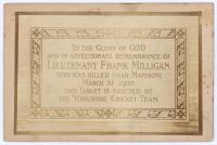 Frank William Milligan. Yorkshire & England 1894-1898. Original sepia cabinet card photograph of the memorial tablet erected by the Yorkshire Cricket Team ‘In Affectionate Remembrance of Lieutenant Frank Milligan who was killed near Mafeking March 31 1900