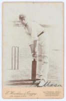 John Richard ‘Jack’ Mason. Kent & England 1893-1914. Original sepia cabinet card photograph of Mason standing full length in batting pose at the wicket, wearing Kent cap. Signed in black ink to the photograph by Mason. E. Hawkins & Co. of Brighton. Card m