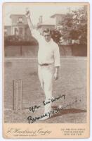 Bernard James Tindal Bosanquet. Oxford University, Middlesex & England 1898-1919. Original sepia cabinet card photograph of Bosanquet standing full length in bowling pose at the wicket. Nicely signed in black ink to the photograph by Bosanquet. E. Hawkins