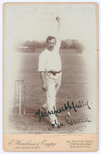 John Richmond Gunn. Nottinghamshire, London County & England 1896-1925. Original sepia cabinet card photograph vignette of Gunn standing full length in bowling pose at the wicket. Nicely signed in black ink to the photograph by Gunn. E. Hawkins & Co. of B